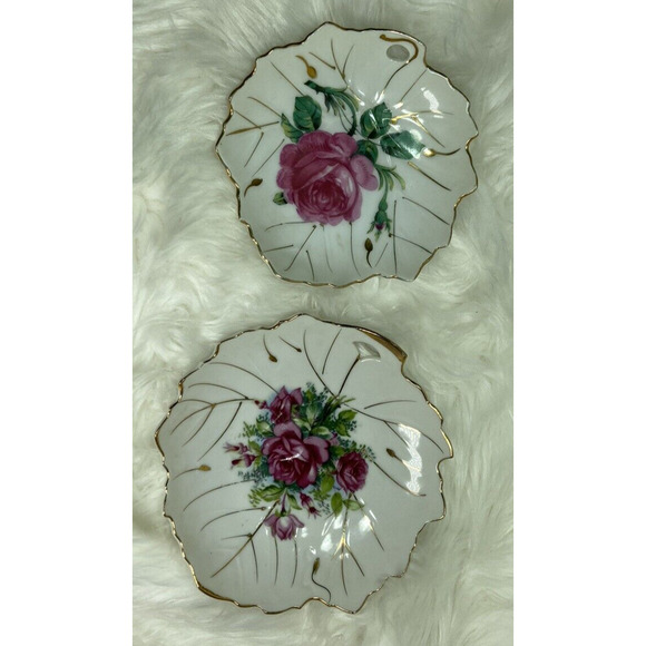 Vintage Trinket Dish Victorian Leaf Shaped Pink Roses With Gilded Trim Set Of 2 - Picture 4 of 8